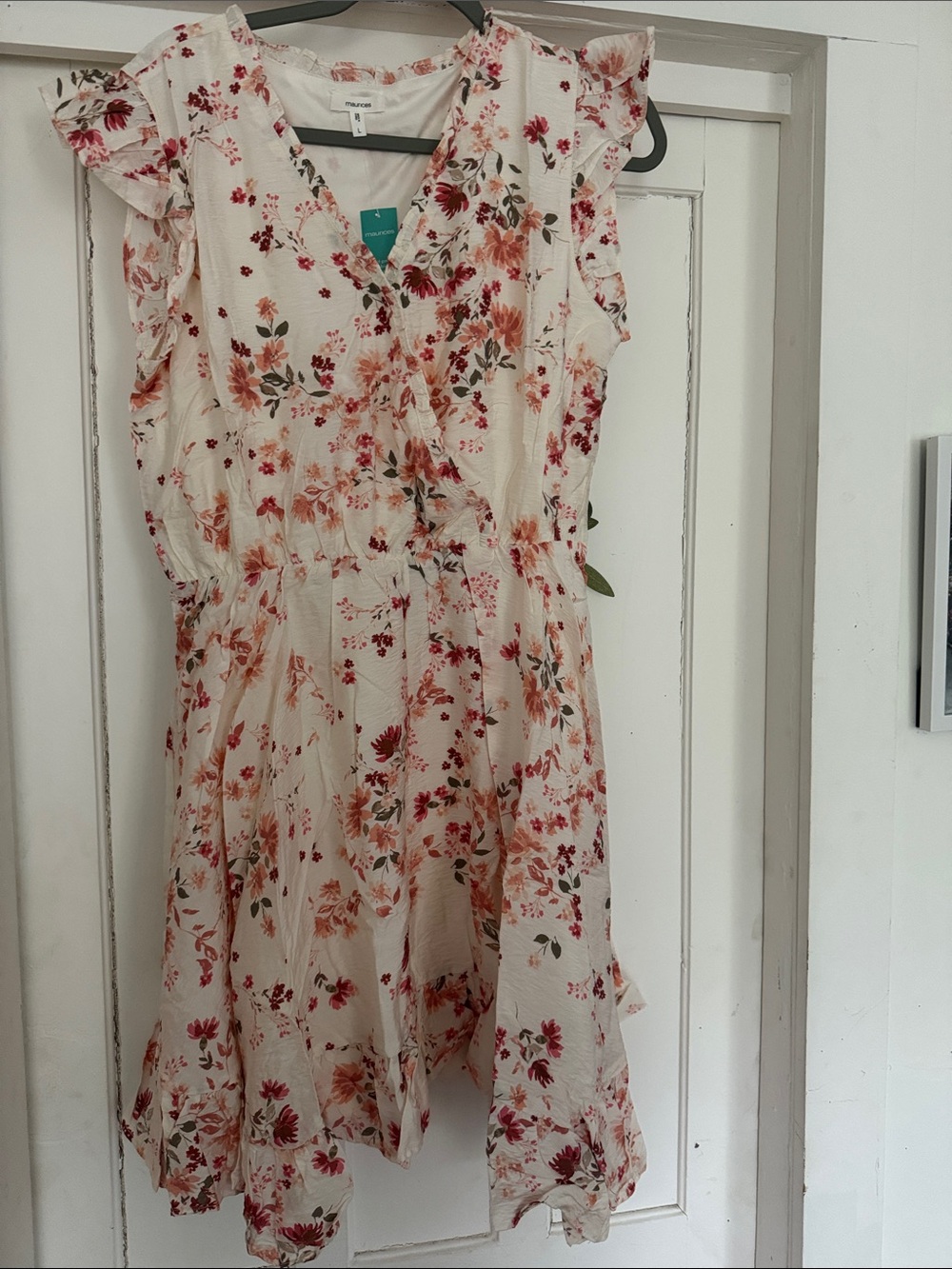 Maurices Cream Floral V-Neck Dress with Ruffle Trim